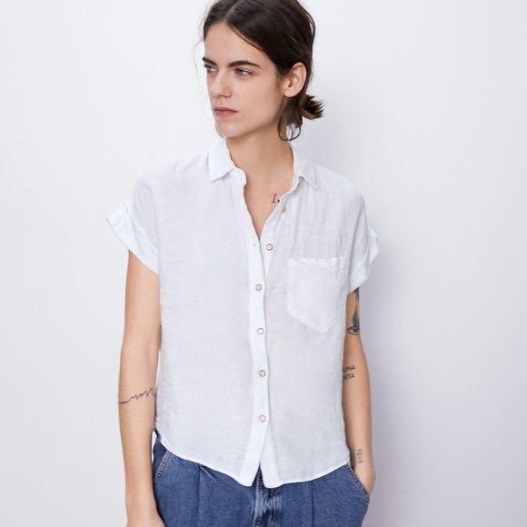 ZARA BUTTON FRONT 100% LINEN WHITE BUTTON DOWN SHIRT - Picture 6 of 8